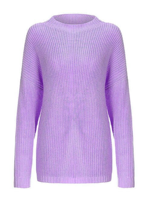 Round Neck Drop Shoulder Sweater - Sweater - Lavender - Bella Bourget