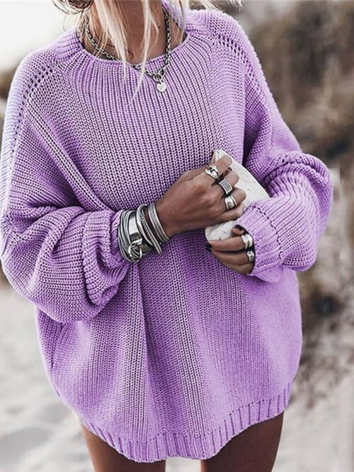 Round Neck Drop Shoulder Sweater - Sweater - Lavender - Bella Bourget