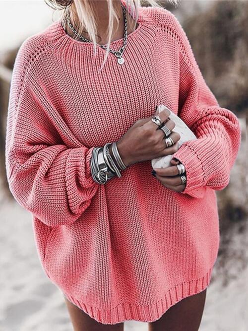 Round Neck Drop Shoulder Sweater - Sweater - Coral - Bella Bourget