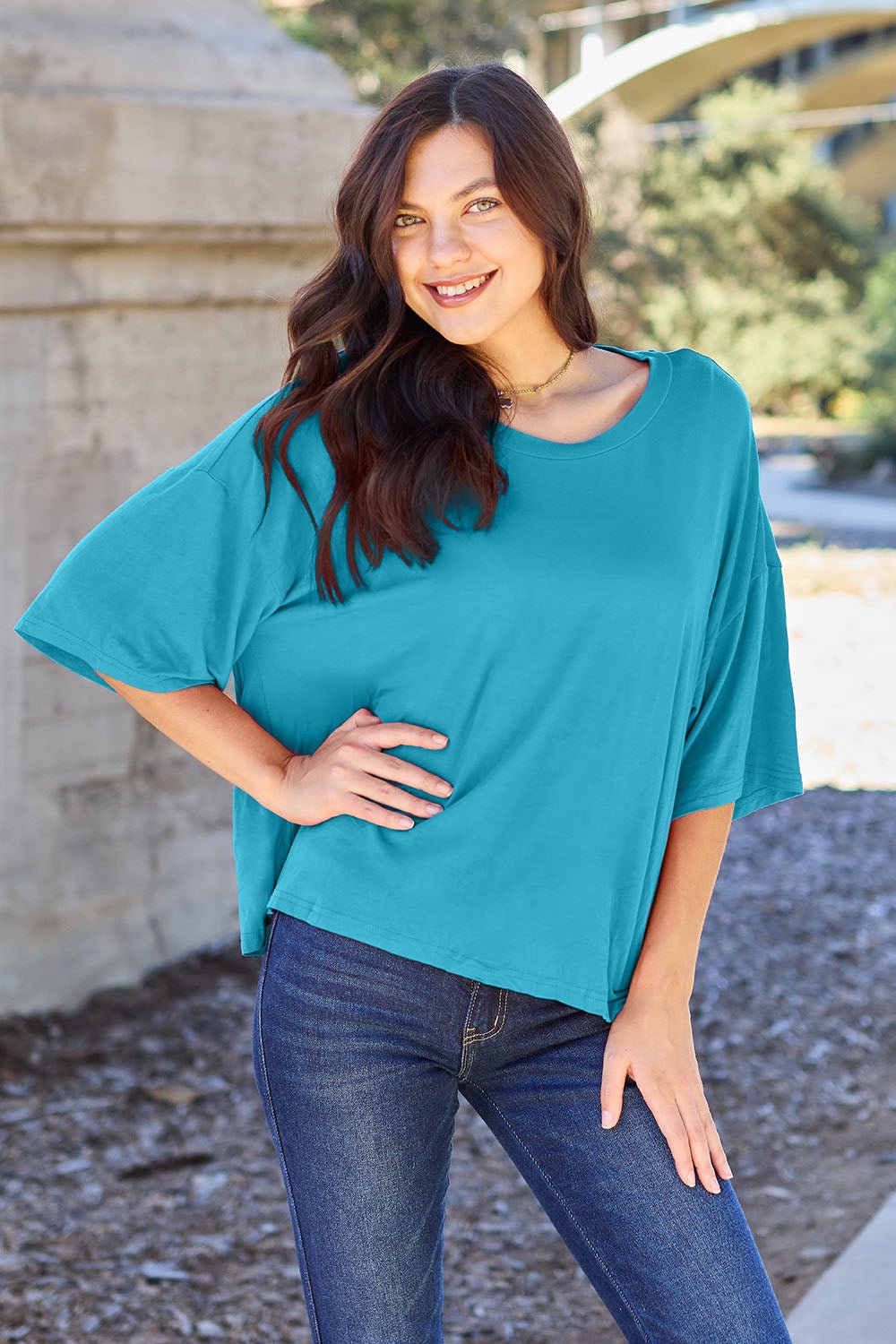 Round Neck Drop Shoulder T - Shirt - Shirt - Sky Blue - Bella Bourget