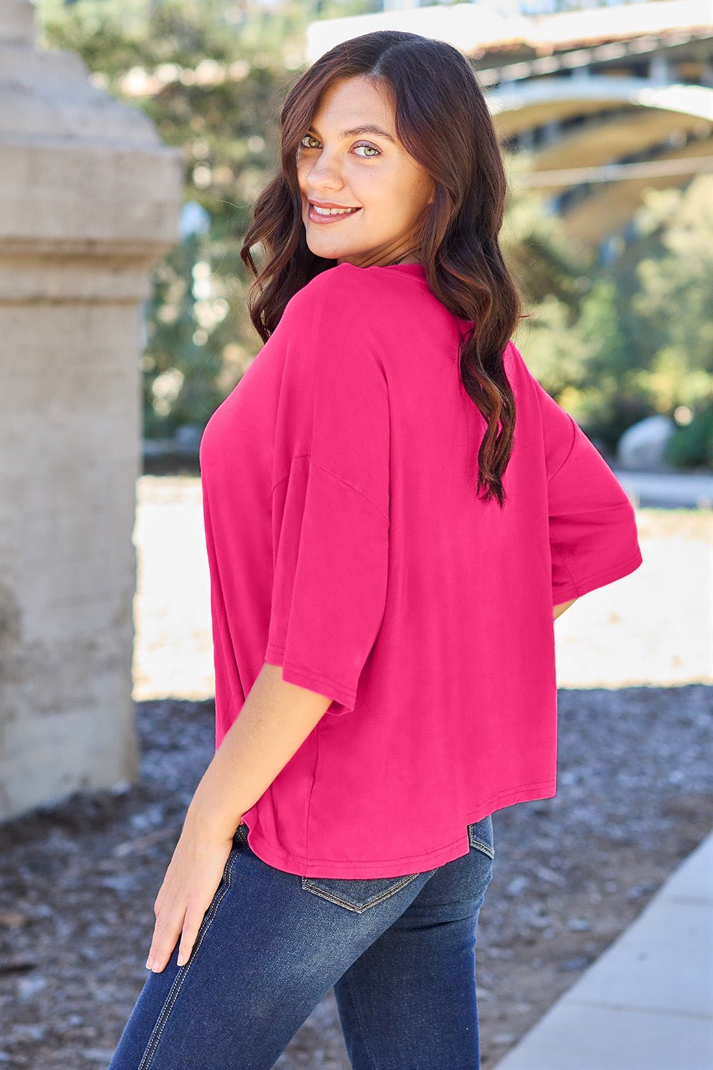 Round Neck Drop Shoulder T - Shirt - Shirt - Deep Rose - Bella Bourget