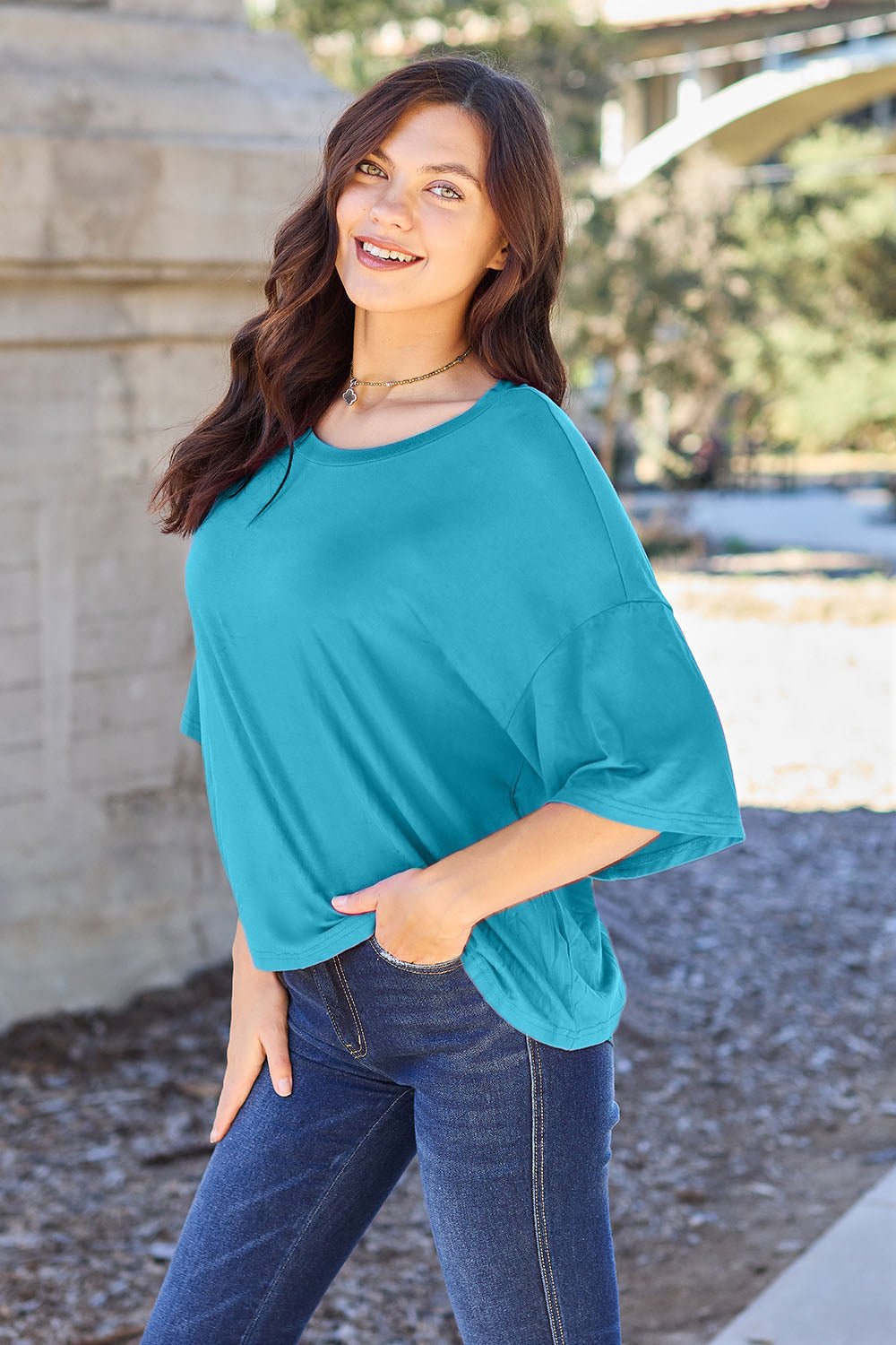 Round Neck Drop Shoulder T - Shirt - Shirt - Sky Blue - Bella Bourget