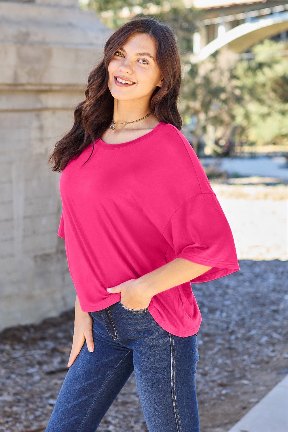 Round Neck Drop Shoulder T - Shirt - Shirt - Deep Rose - Bella Bourget