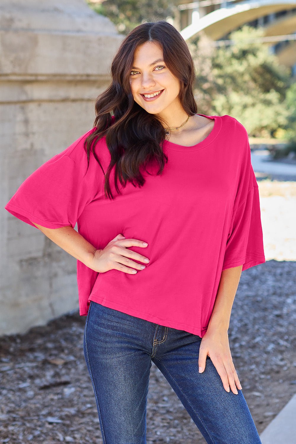 Round Neck Drop Shoulder T - Shirt - Shirt - Deep Rose - Bella Bourget