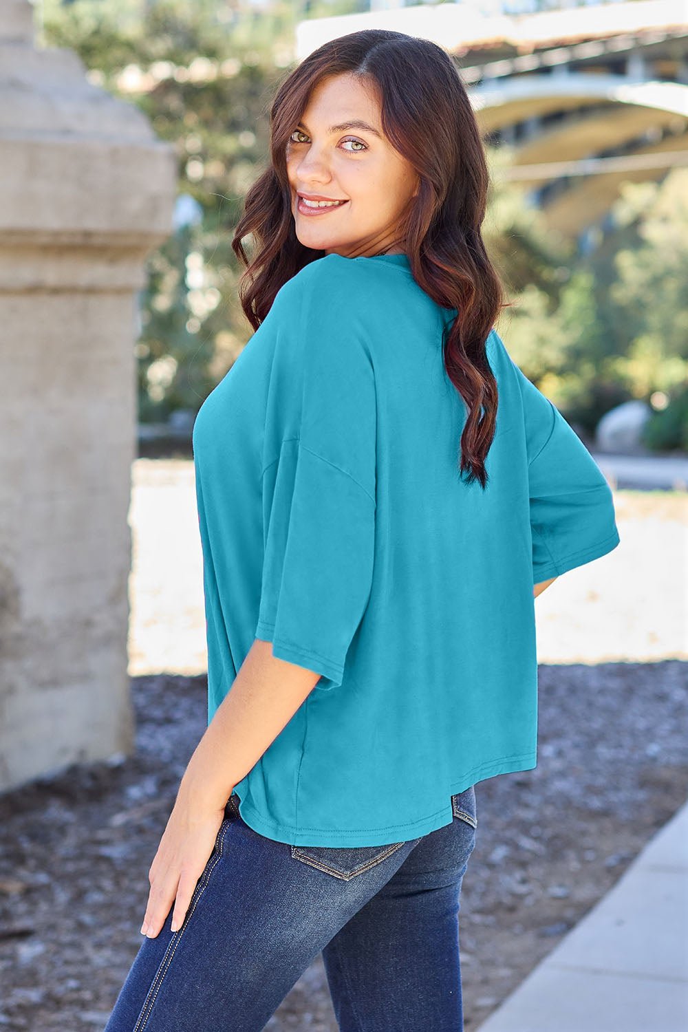 Round Neck Drop Shoulder T - Shirt - Shirt - Sky Blue - Bella Bourget