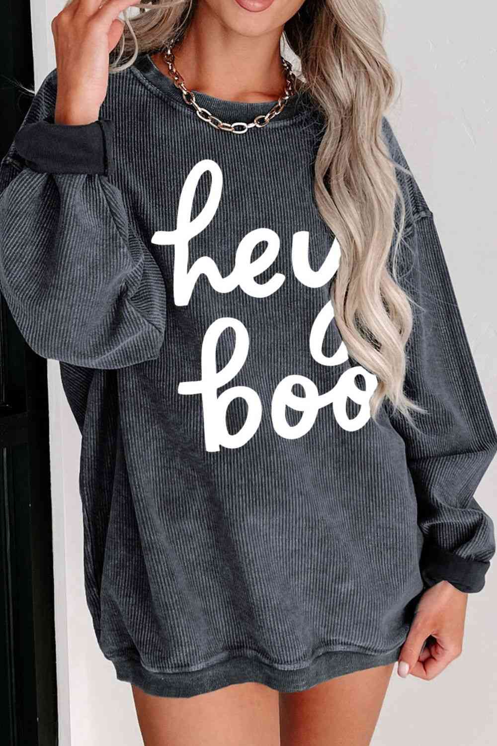 Round Neck Dropped Shoulder Graphic Sweatshirt - Sweatshirt - Charcoal - Bella Bourget