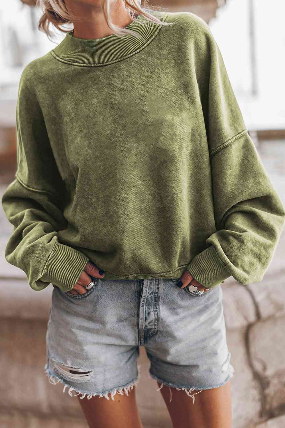 Round Neck Dropped Shoulder Sweatshirt - Sweatshirt - Sage - Bella Bourget