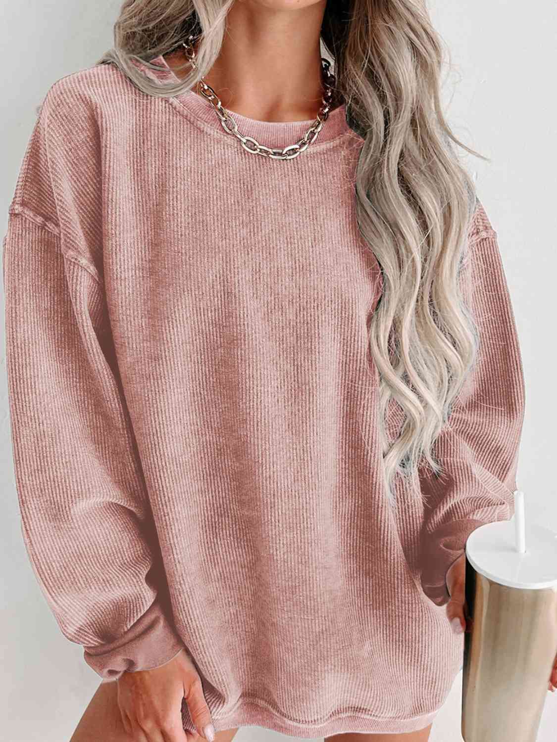 Round Neck Dropped Shoulder Sweatshirt - Sweater - Dusty Pink - Bella Bourget