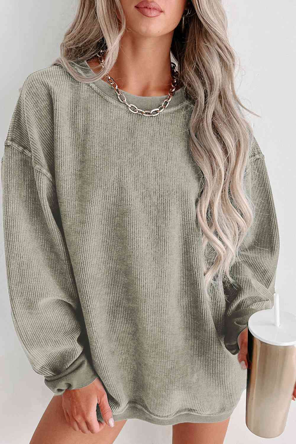 Round Neck Dropped Shoulder Sweatshirt - Sweater - Sage - Bella Bourget