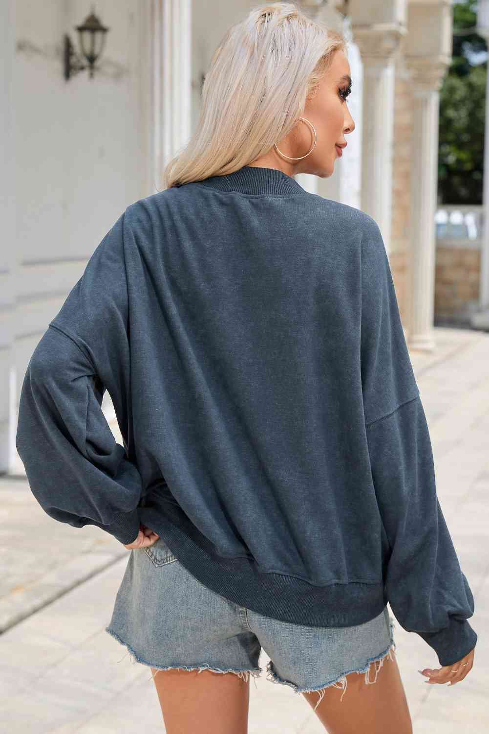 Round Neck Dropped Shoulder Sweatshirt - Sweatshirt - French Blue - Bella Bourget