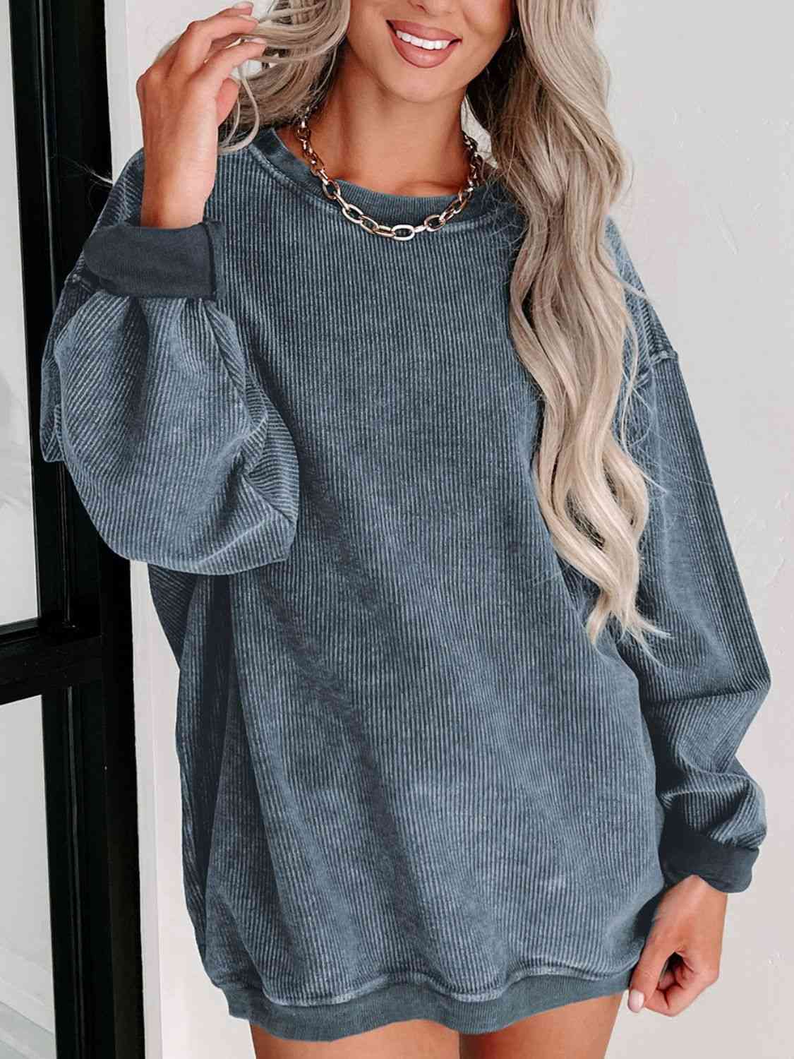 Round Neck Dropped Shoulder Sweatshirt - Sweater - Dusty Blue - Bella Bourget