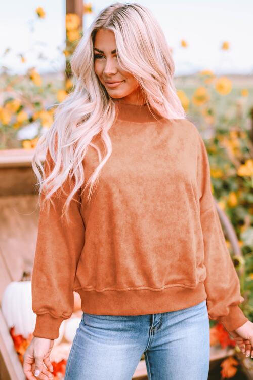 Round Neck Dropped Shoulder Sweatshirt - Sweatshirt - Pumpkin - Bella Bourget