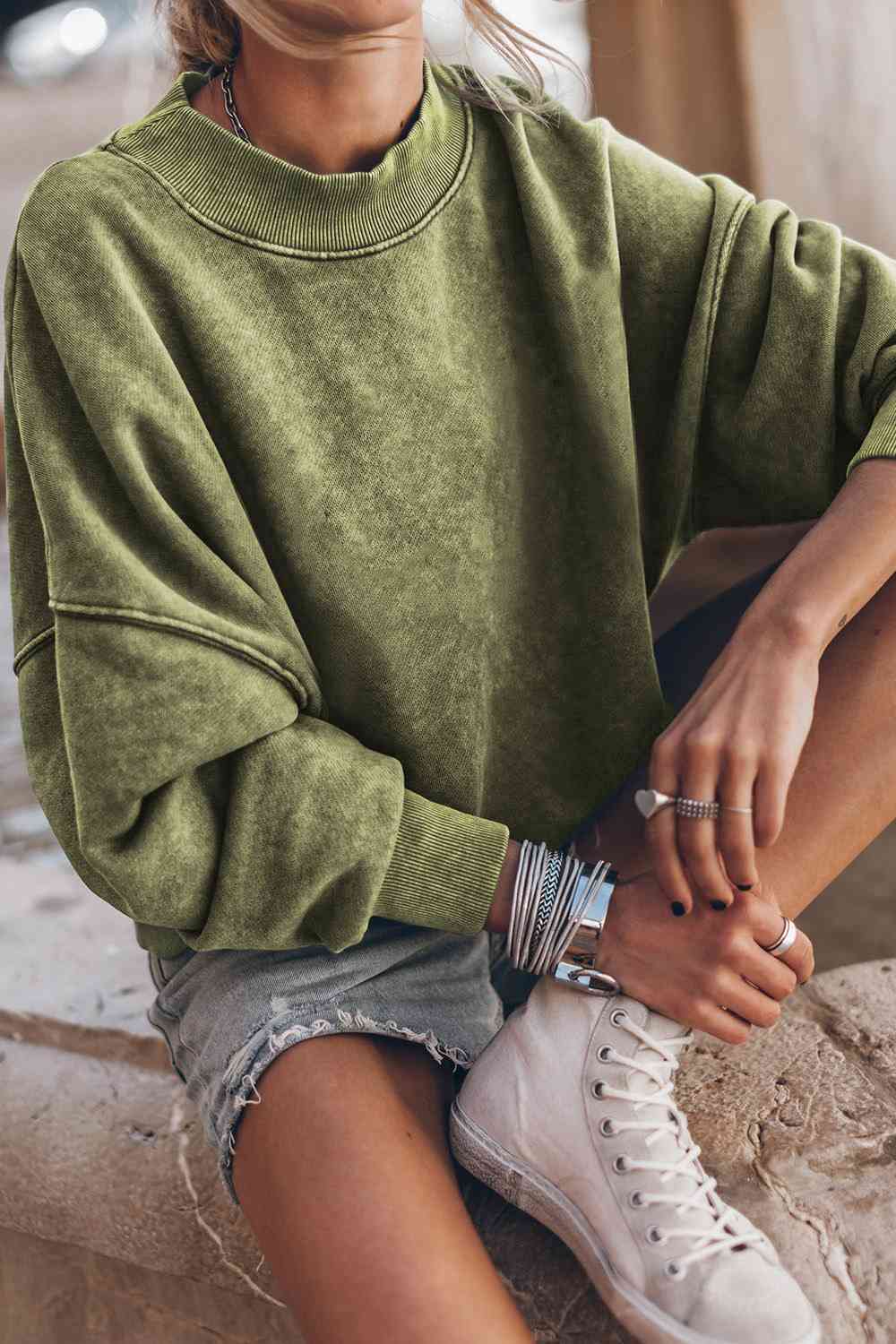 Round Neck Dropped Shoulder Sweatshirt - Sweatshirt - Sage - Bella Bourget