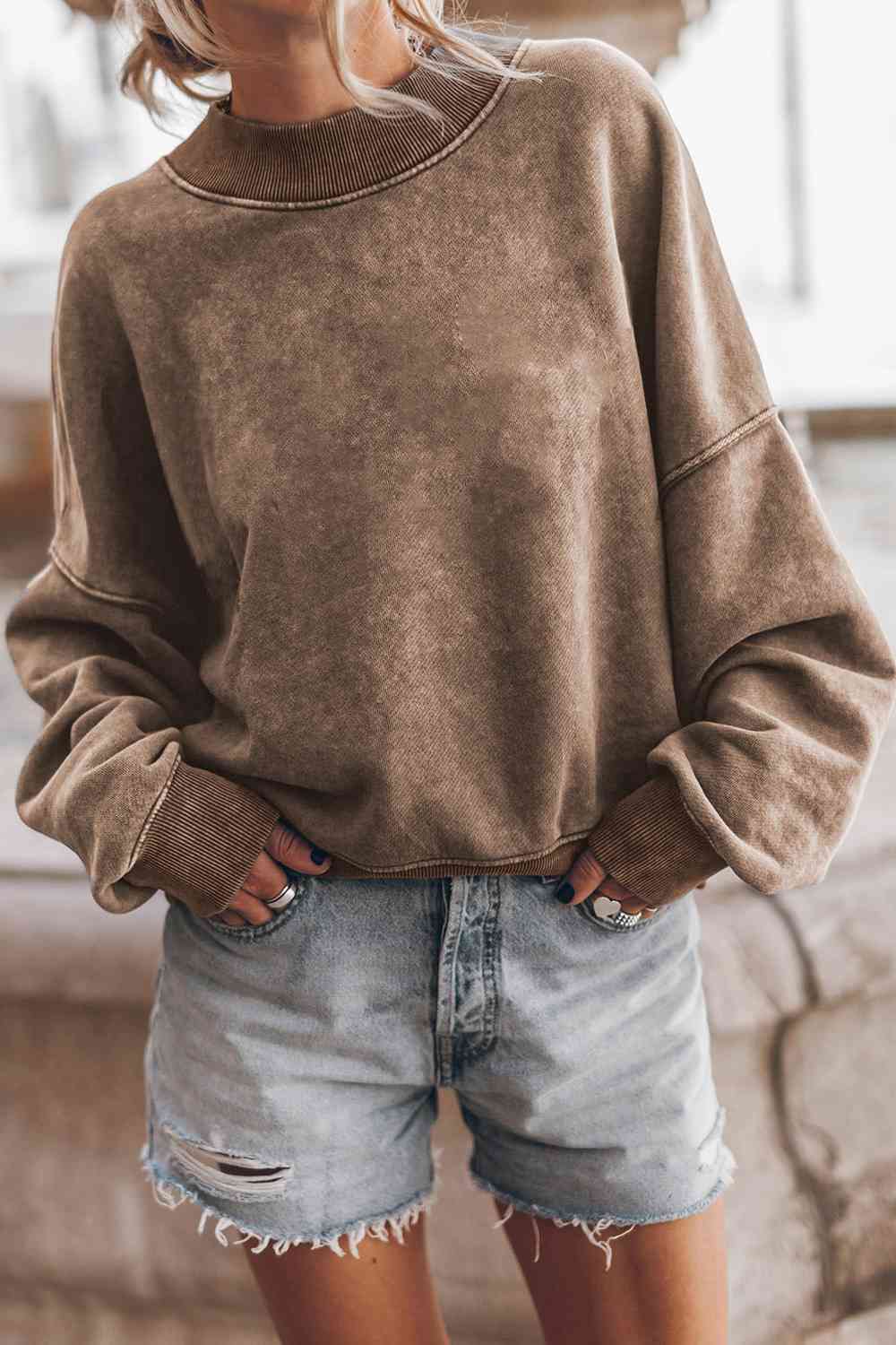 Round Neck Dropped Shoulder Sweatshirt - Sweatshirt - Mocha - Bella Bourget