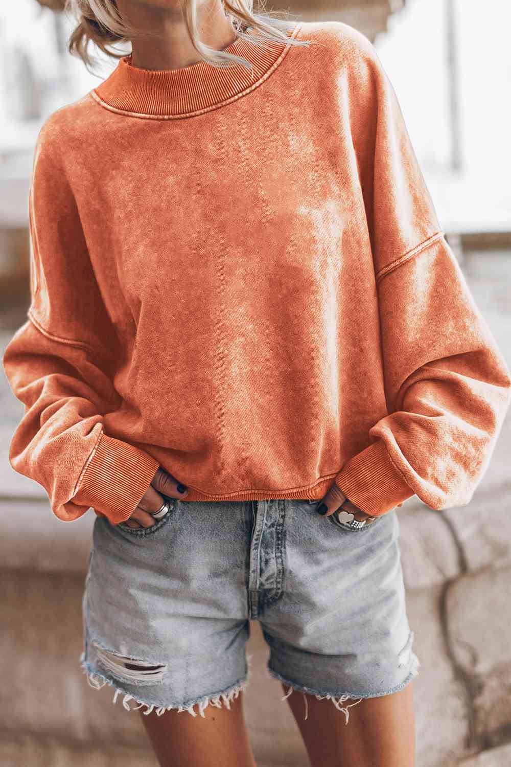 Round Neck Dropped Shoulder Sweatshirt - Sweatshirt - Pumpkin - Bella Bourget