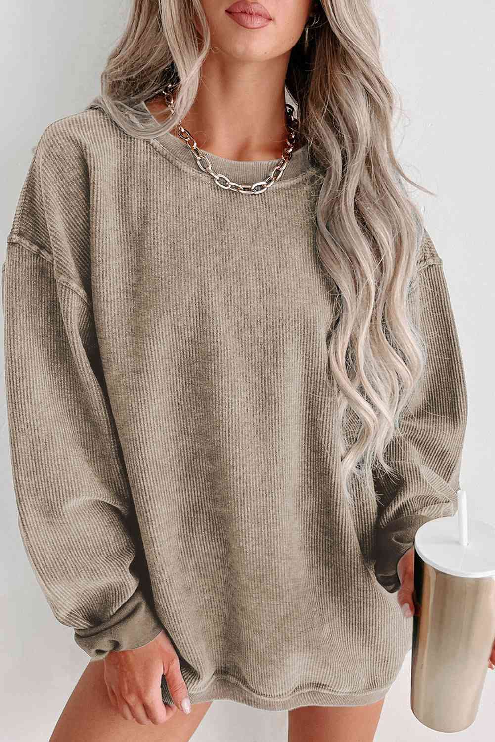 Round Neck Dropped Shoulder Sweatshirt - Sweater - Khaki - Bella Bourget