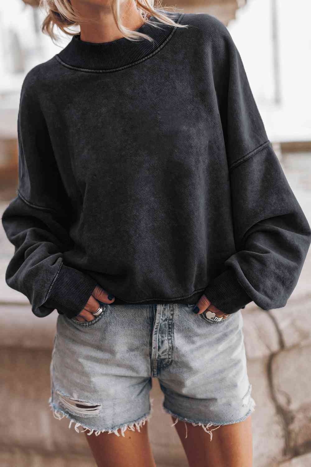 Round Neck Dropped Shoulder Sweatshirt - Sweatshirt - Black - Bella Bourget