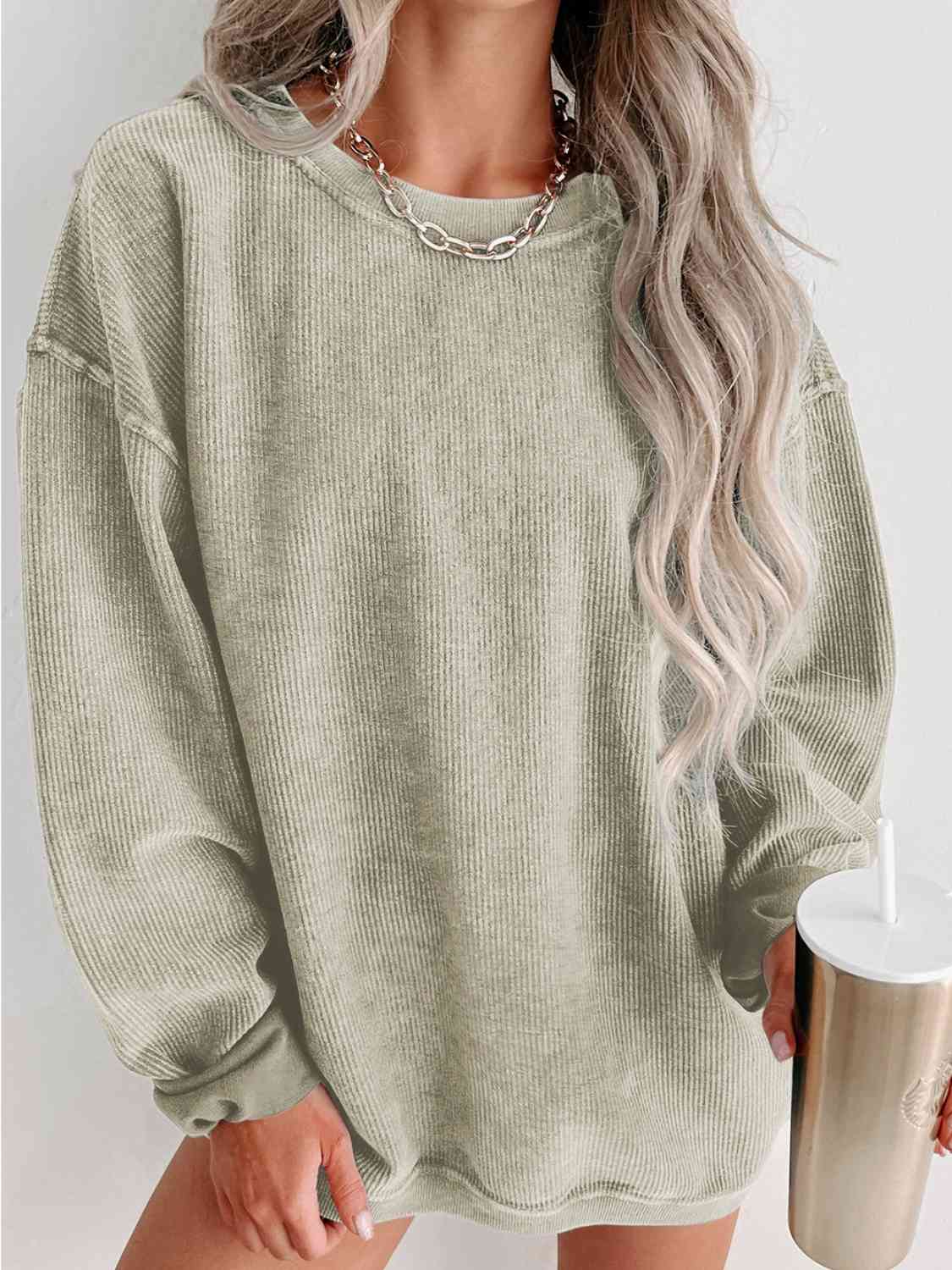 Round Neck Dropped Shoulder Sweatshirt - Sweater - Sage - Bella Bourget