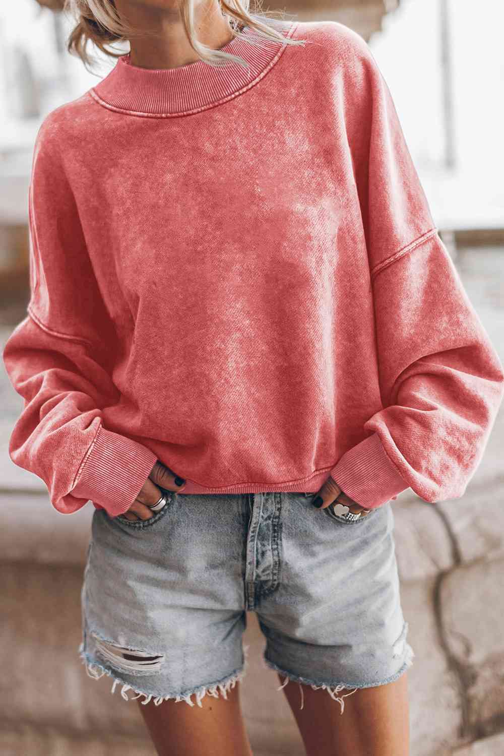 Round Neck Dropped Shoulder Sweatshirt - Sweatshirt - Strawberry - Bella Bourget