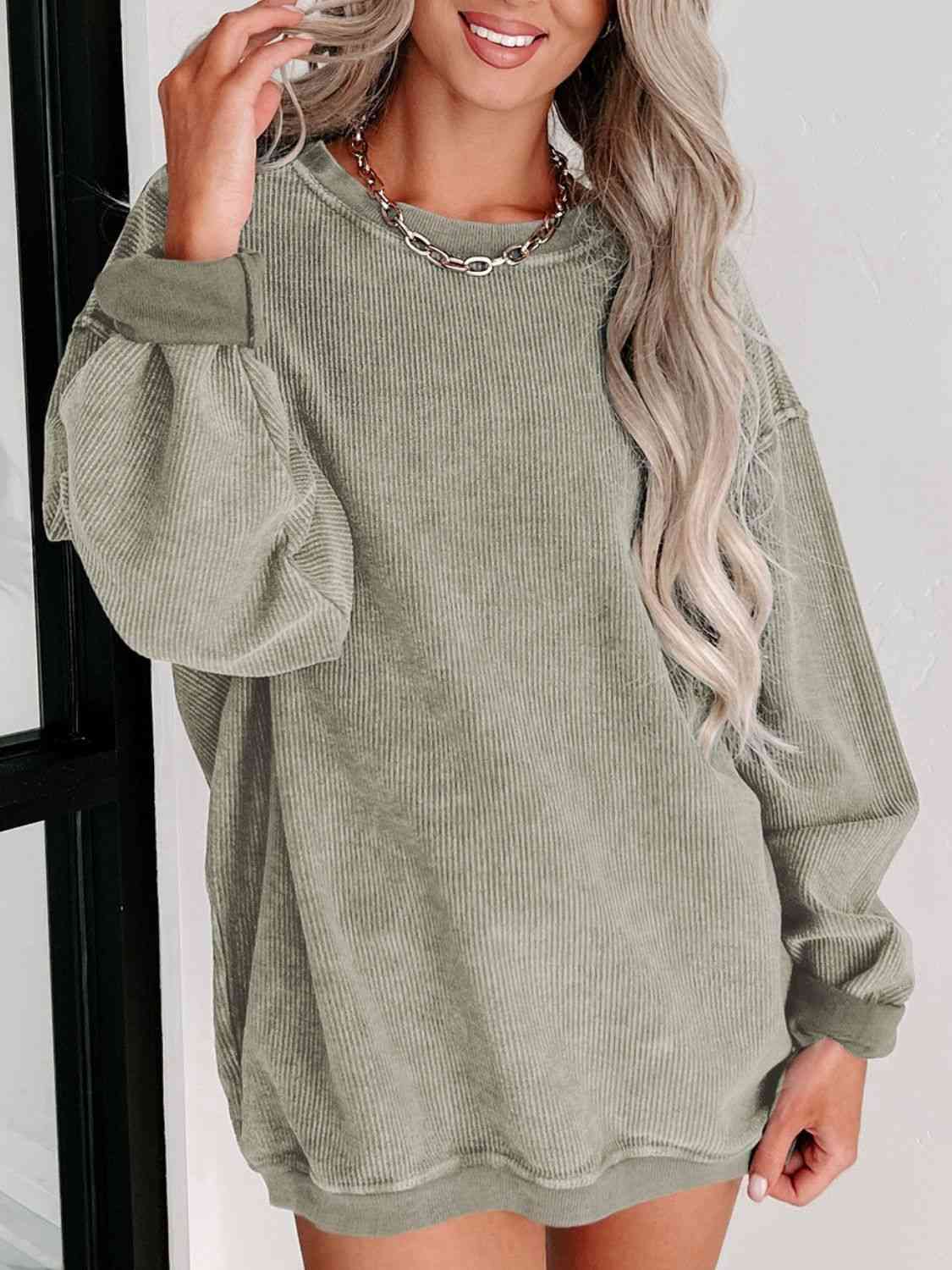 Round Neck Dropped Shoulder Sweatshirt - Sweater - Sage - Bella Bourget