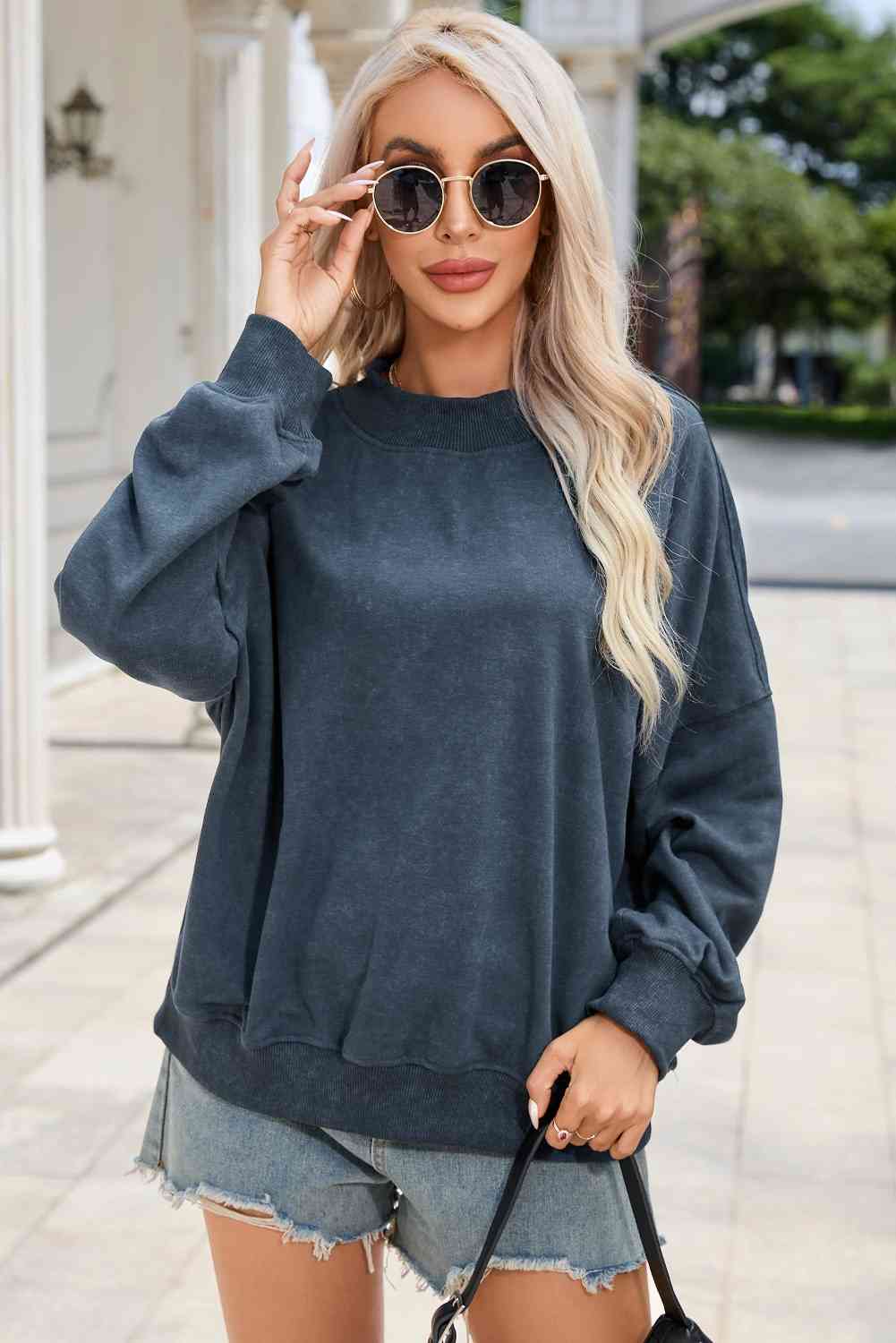 Round Neck Dropped Shoulder Sweatshirt - Sweatshirt - French Blue - Bella Bourget