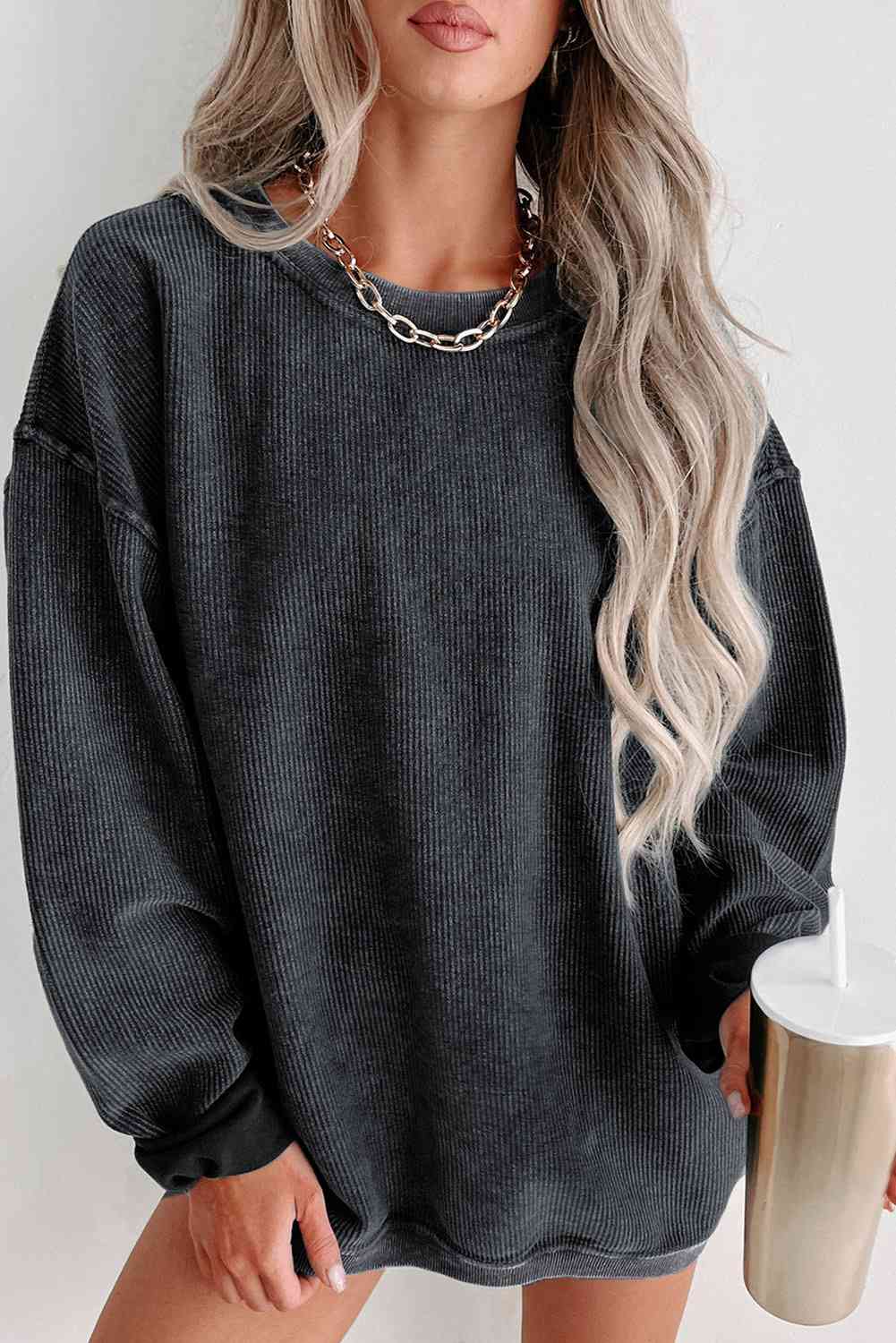 Round Neck Dropped Shoulder Sweatshirt - Sweater - Black - Bella Bourget