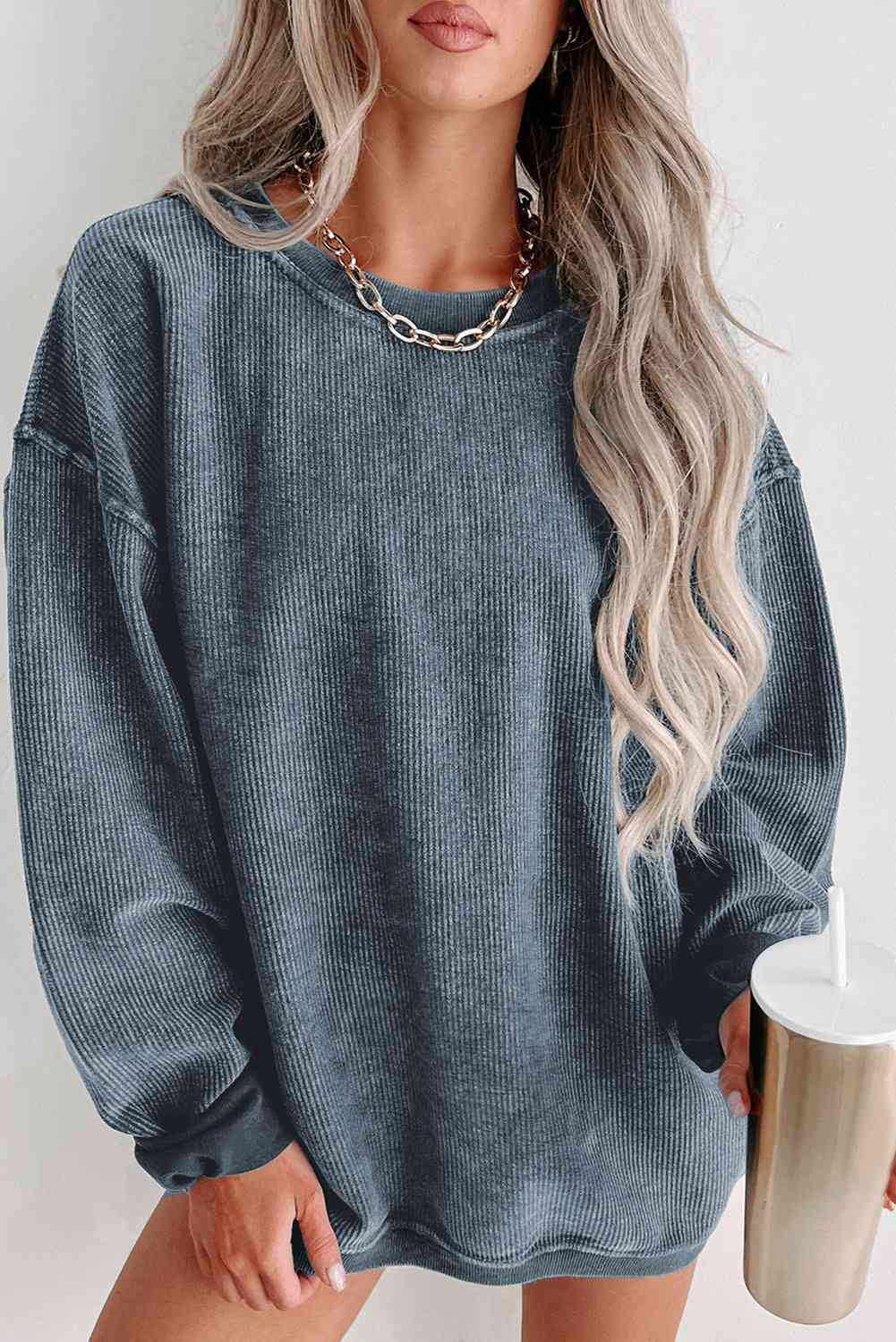 Round Neck Dropped Shoulder Sweatshirt - Sweater - Dusty Blue - Bella Bourget