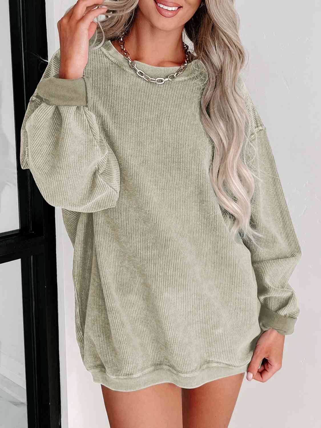 Round Neck Dropped Shoulder Sweatshirt - Sweater - Sage - Bella Bourget