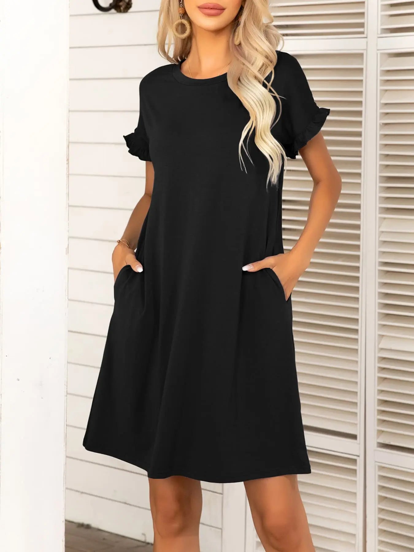 Round Neck Flounce Sleeve Dress with Pockets - Dress - Black - Bella Bourget