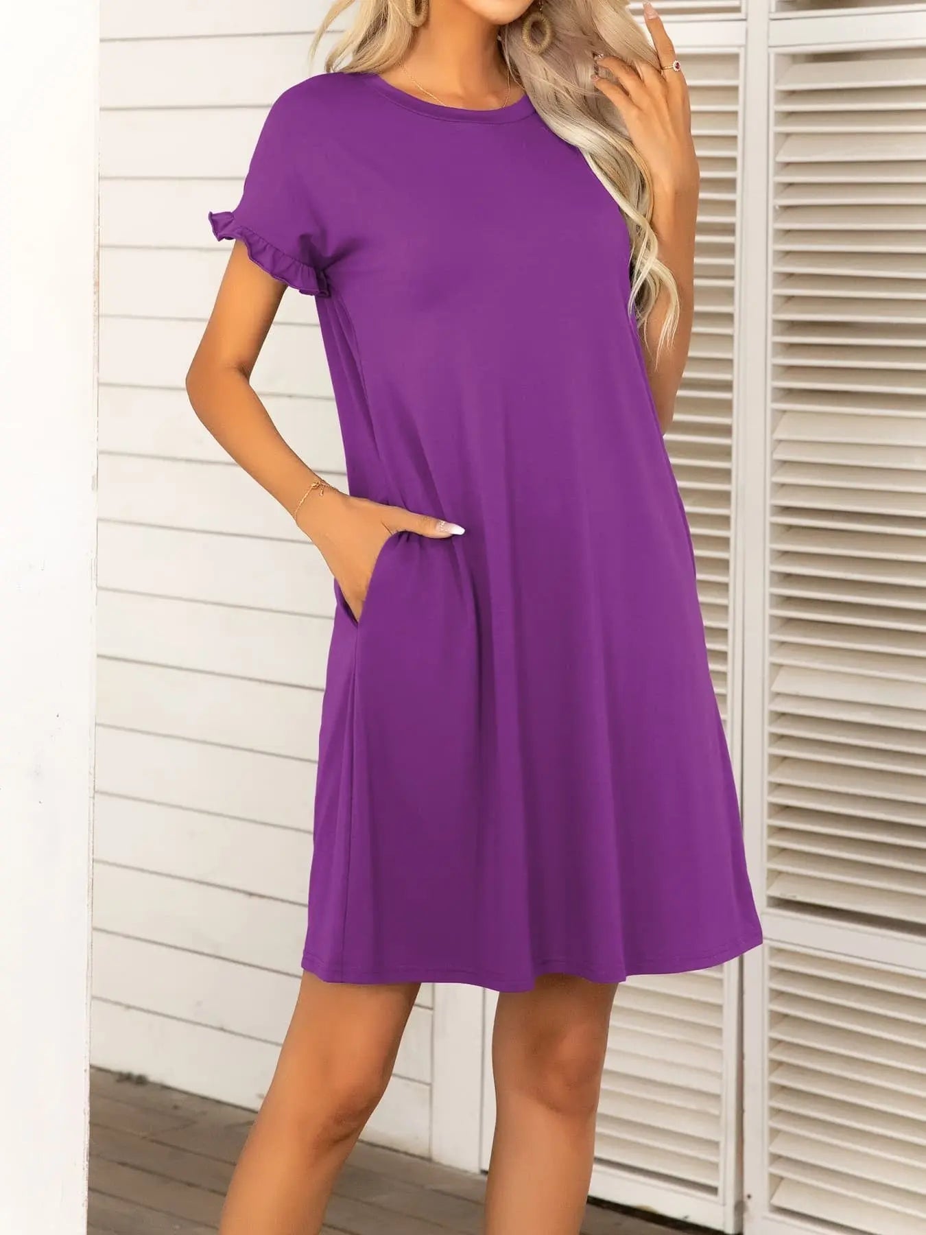 Round Neck Flounce Sleeve Dress with Pockets - Dress - Vivid Violet - Bella Bourget