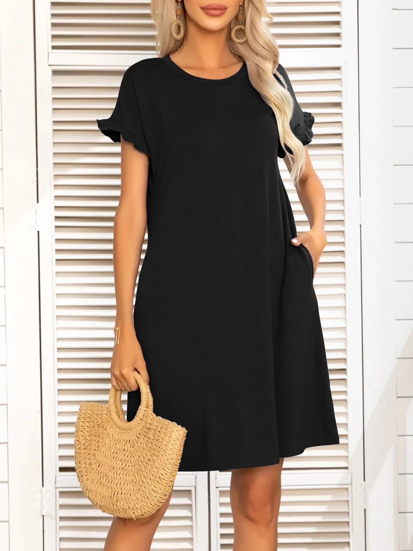 Round Neck Flounce Sleeve Dress with Pockets - Dress - Black - Bella Bourget