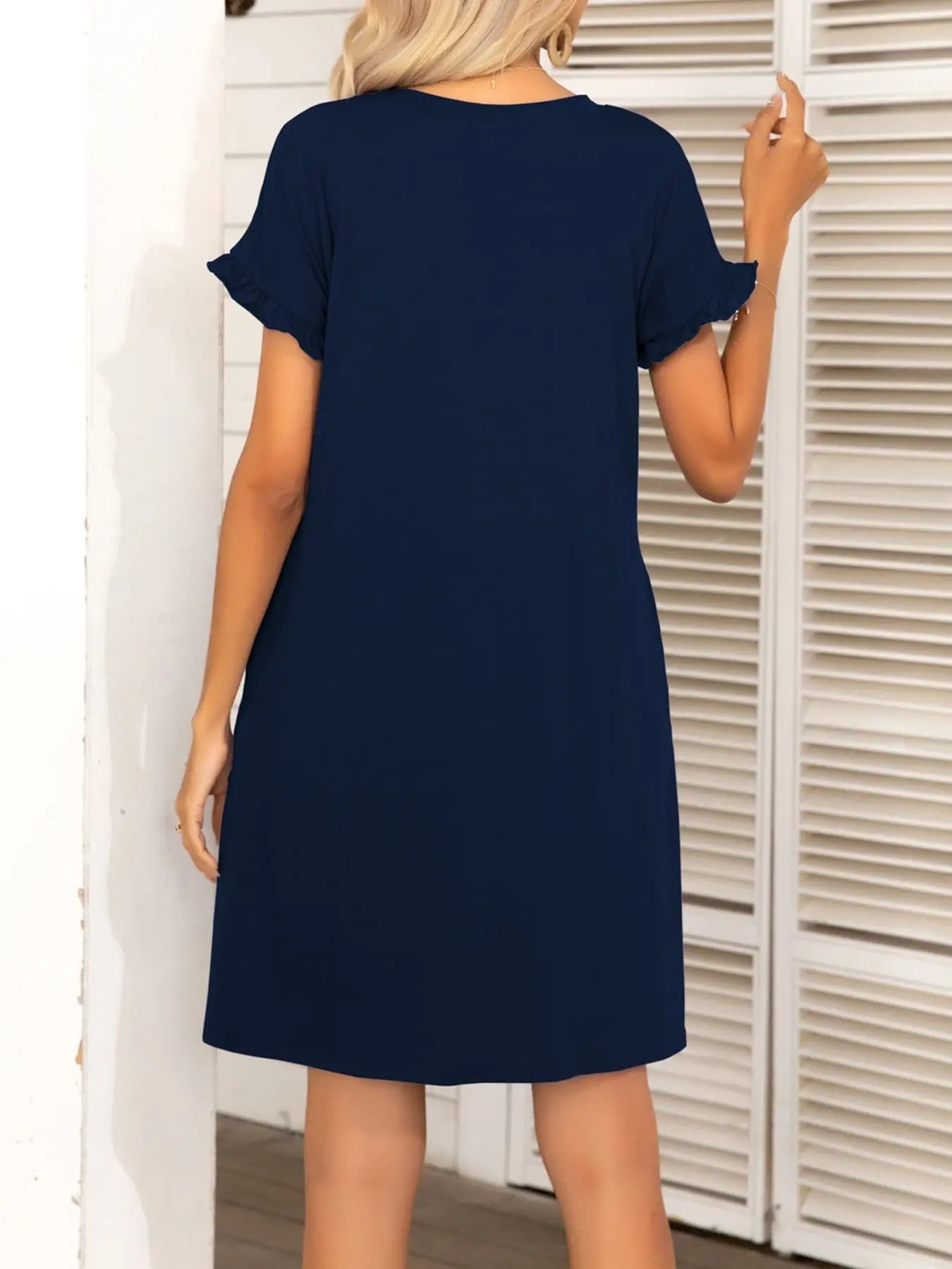 Round Neck Flounce Sleeve Dress with Pockets - Dress - Navy - Bella Bourget