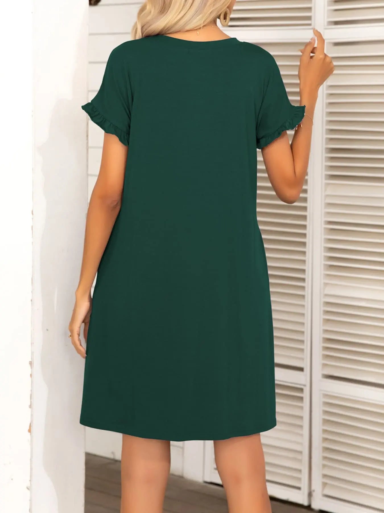 Round Neck Flounce Sleeve Dress with Pockets - Dress - Green - Bella Bourget