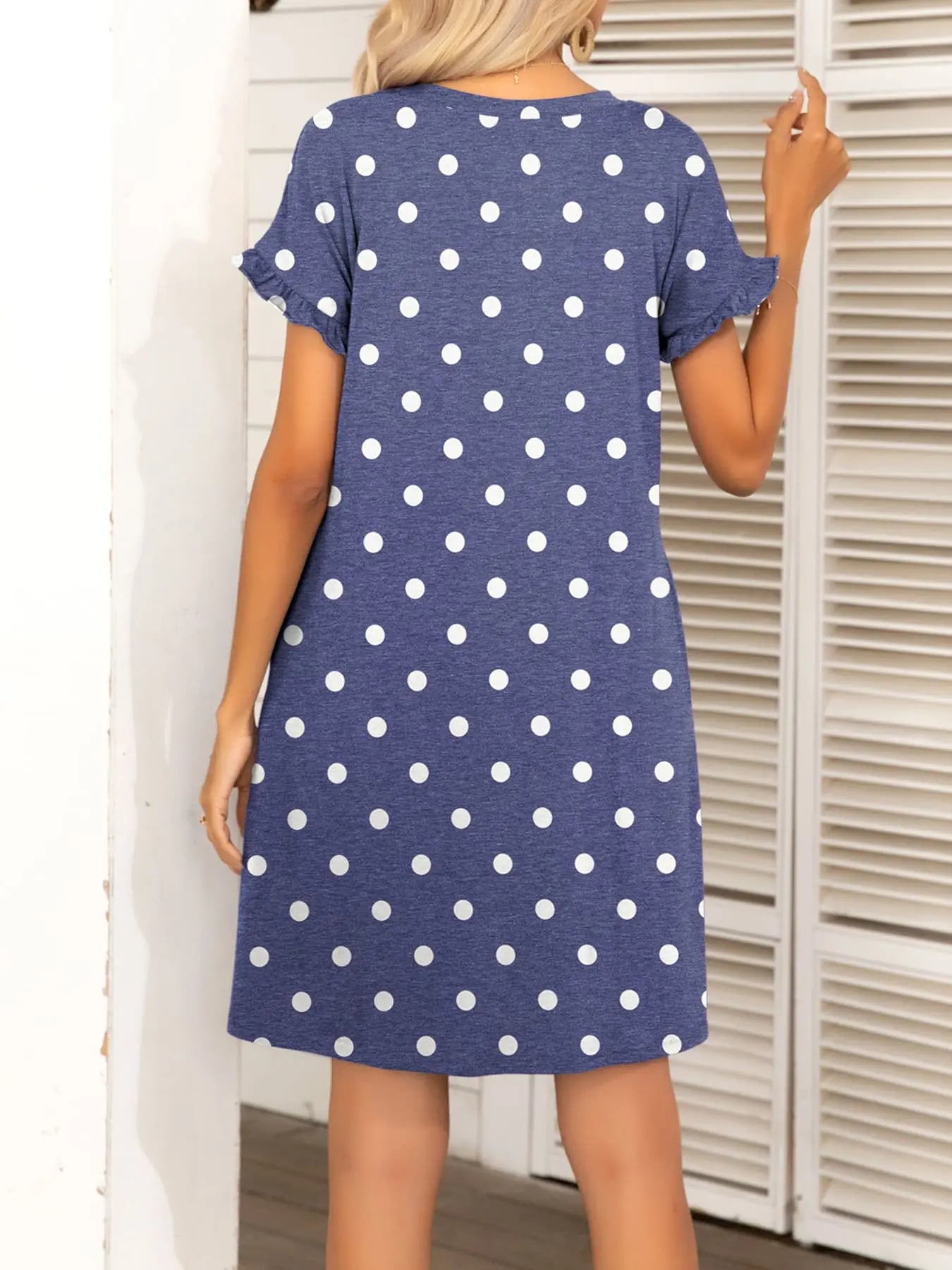 Round Neck Flounce Sleeve Dress with Pockets - Dress - Dot - Bella Bourget