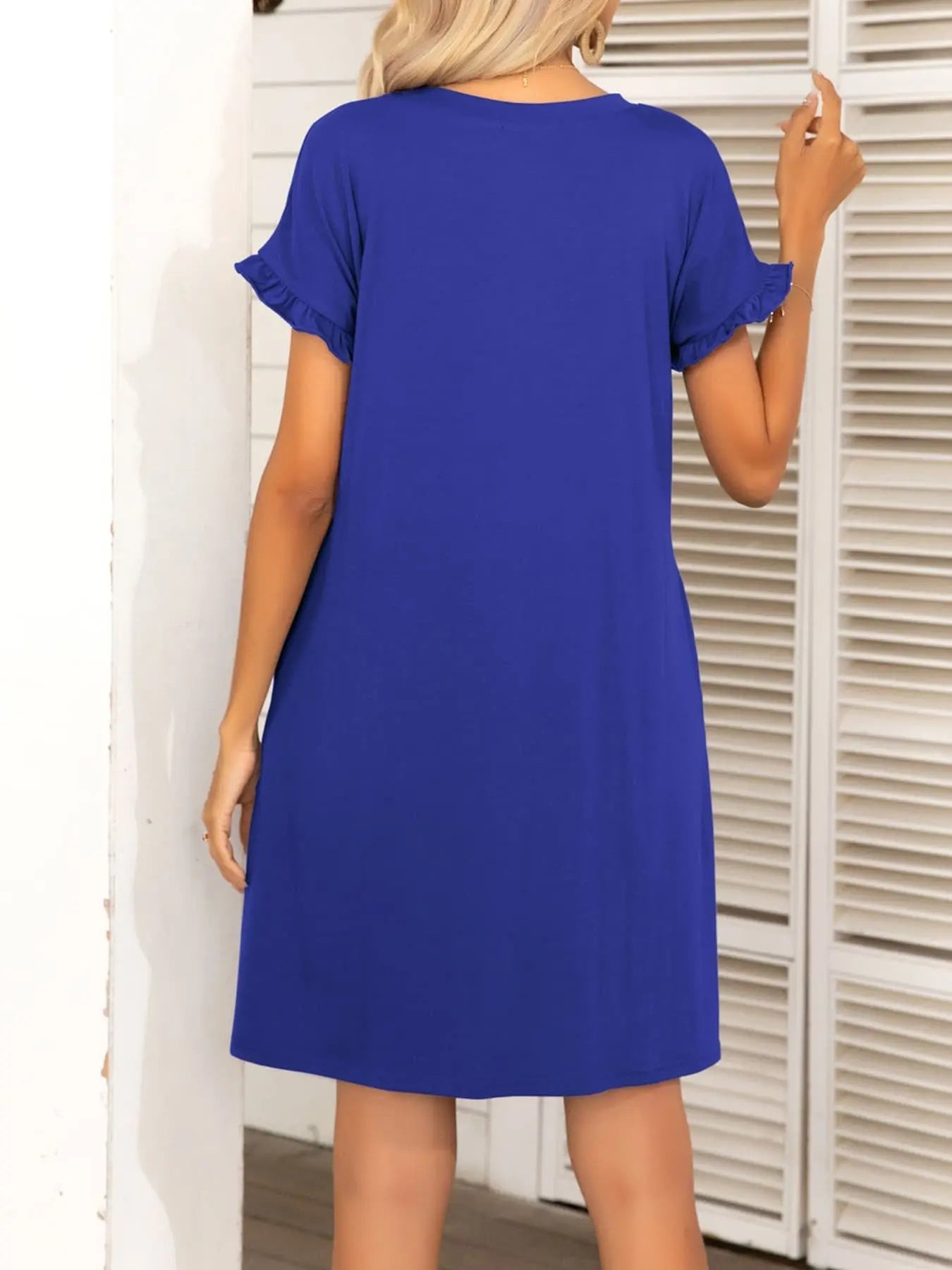 Round Neck Flounce Sleeve Dress with Pockets - Dress - Royal Blue - Bella Bourget