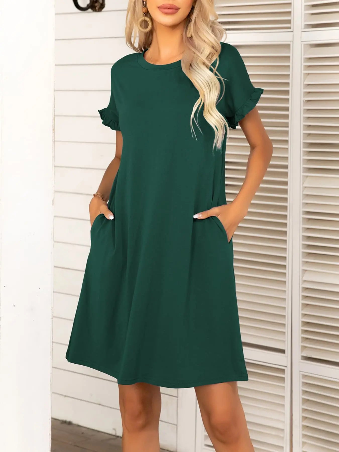 Round Neck Flounce Sleeve Dress with Pockets - Dress - Green - Bella Bourget