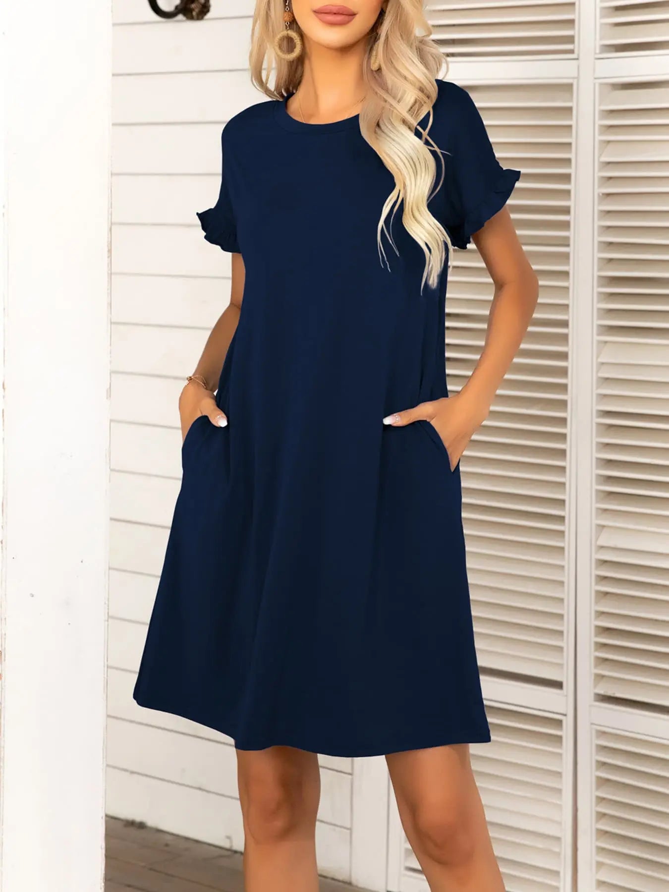 Round Neck Flounce Sleeve Dress with Pockets - Dress - Navy - Bella Bourget