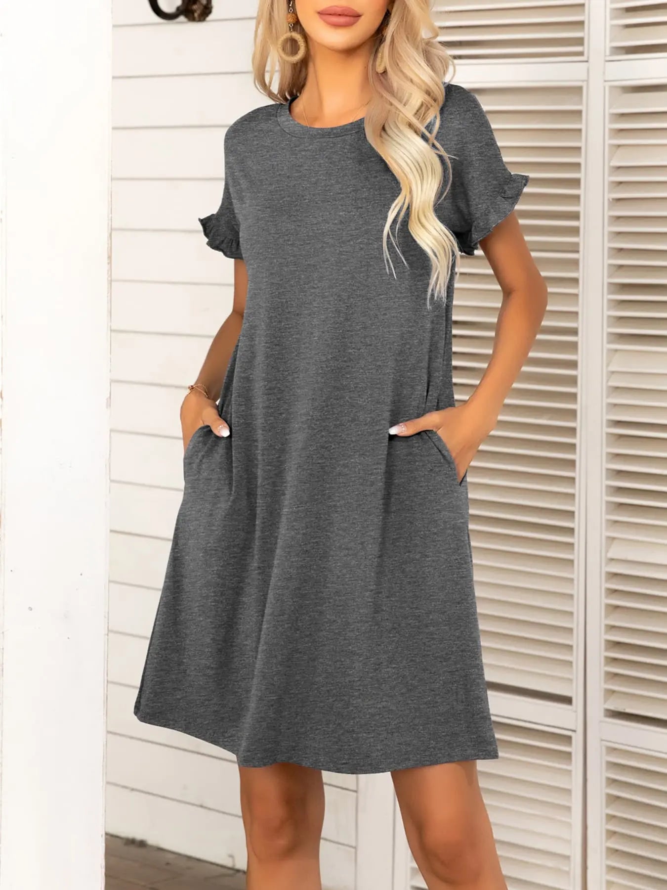 Round Neck Flounce Sleeve Dress with Pockets - Dress - Charcoal - Bella Bourget