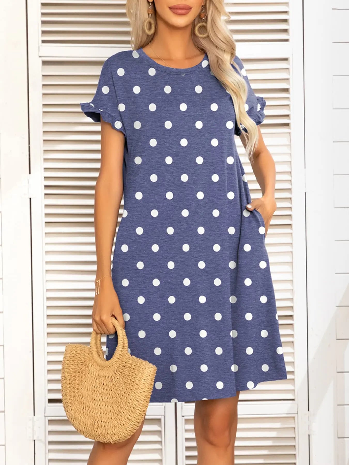 Round Neck Flounce Sleeve Dress with Pockets - Dress - Dot - Bella Bourget