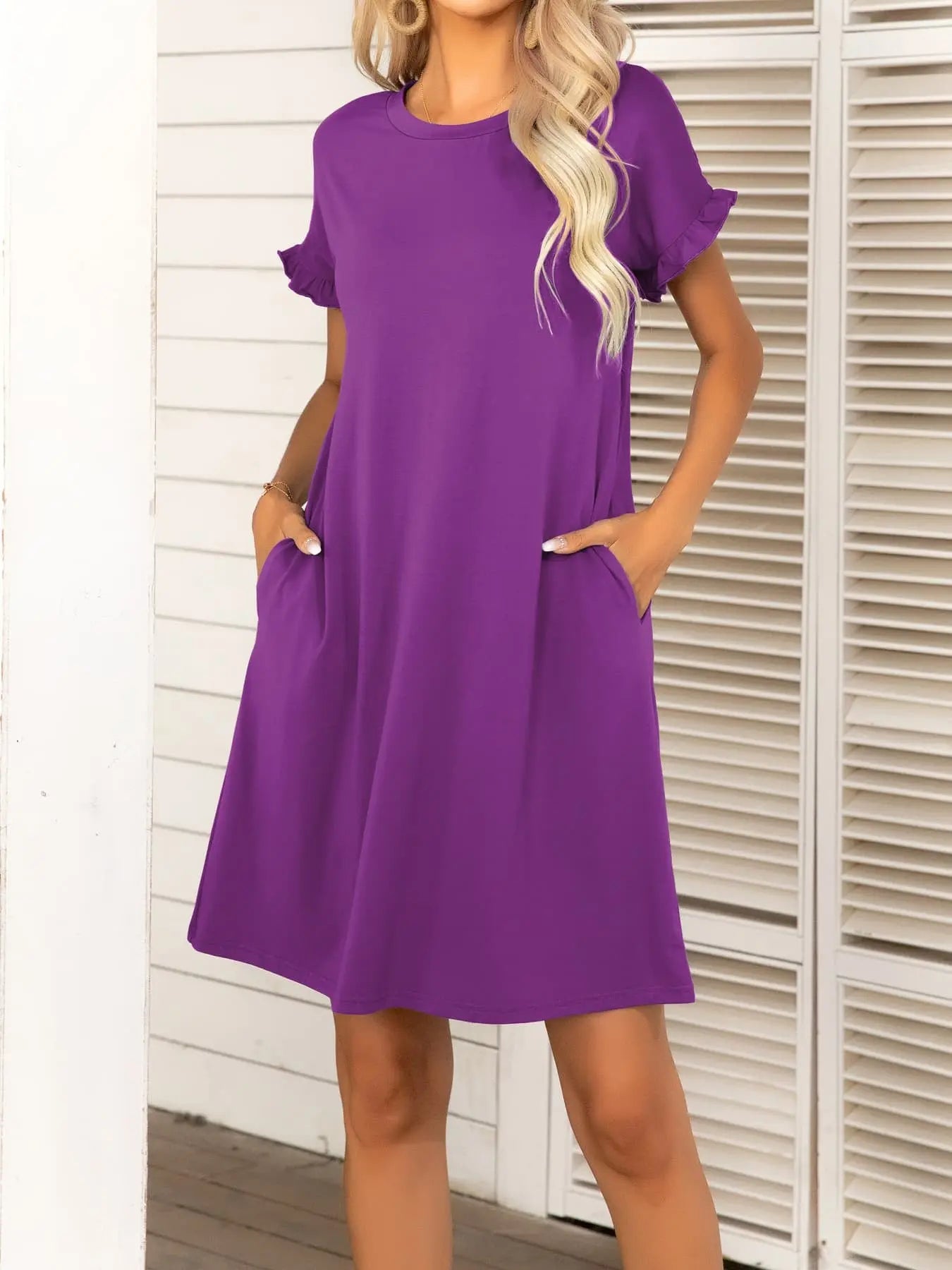 Round Neck Flounce Sleeve Dress with Pockets - Dress - Vivid Violet - Bella Bourget