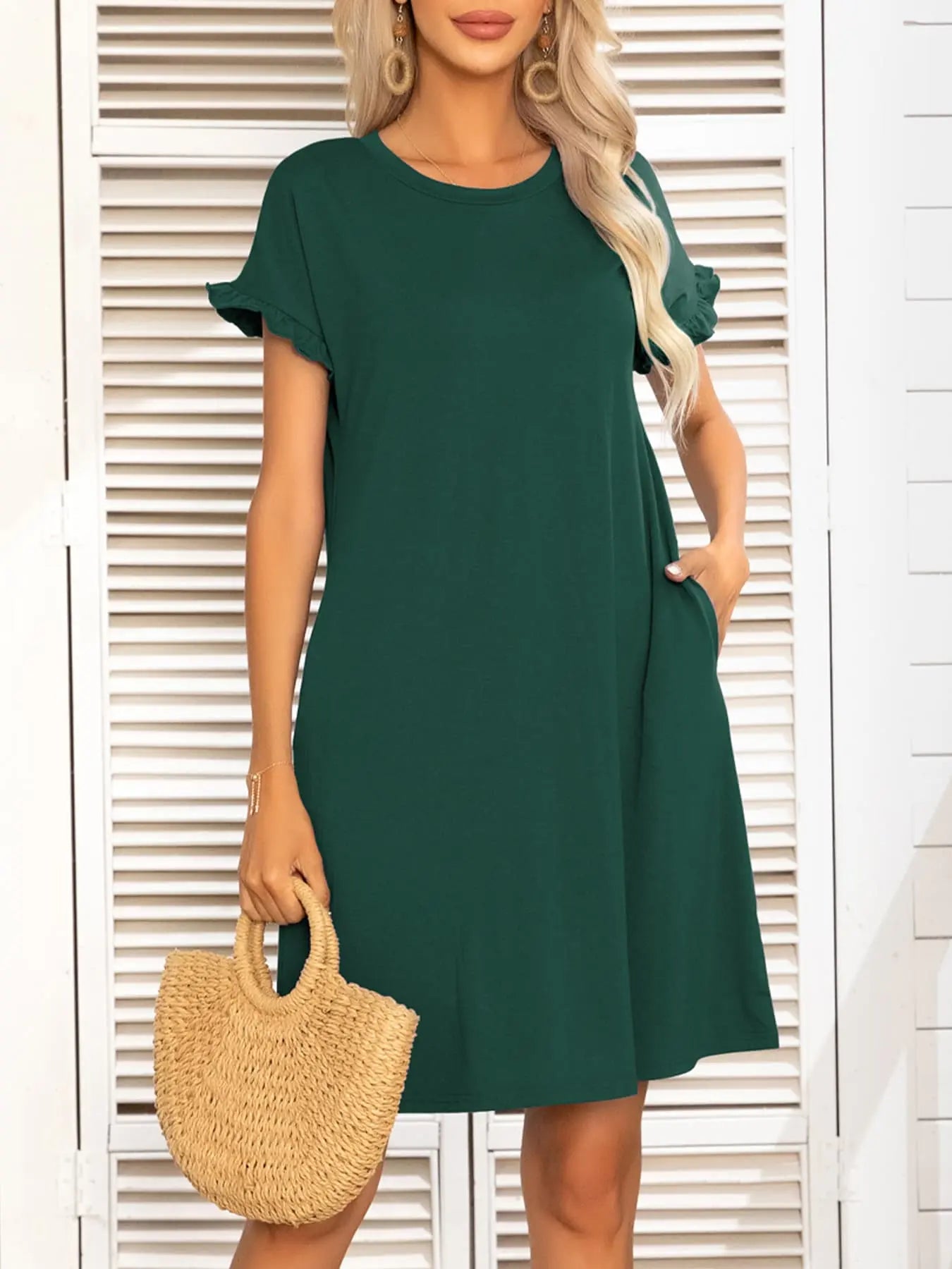 Round Neck Flounce Sleeve Dress with Pockets - Dress - Green - Bella Bourget