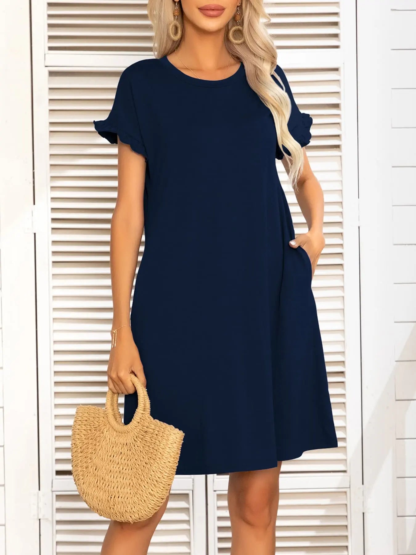 Round Neck Flounce Sleeve Dress with Pockets - Dress - Navy - Bella Bourget