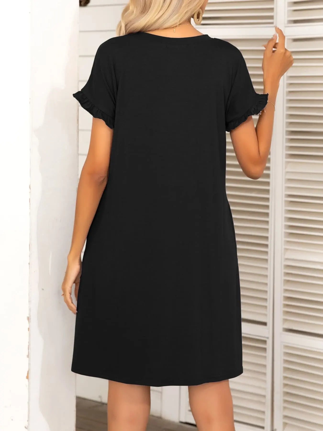 Round Neck Flounce Sleeve Dress with Pockets - Dress - Black - Bella Bourget