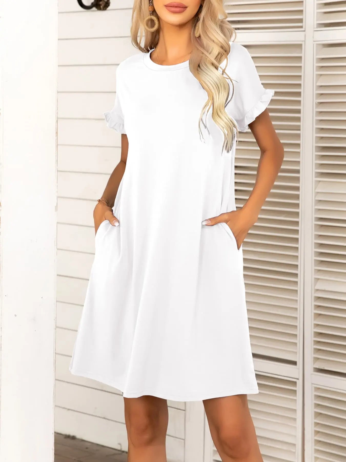 Round Neck Flounce Sleeve Dress with Pockets - Dress - White - Bella Bourget