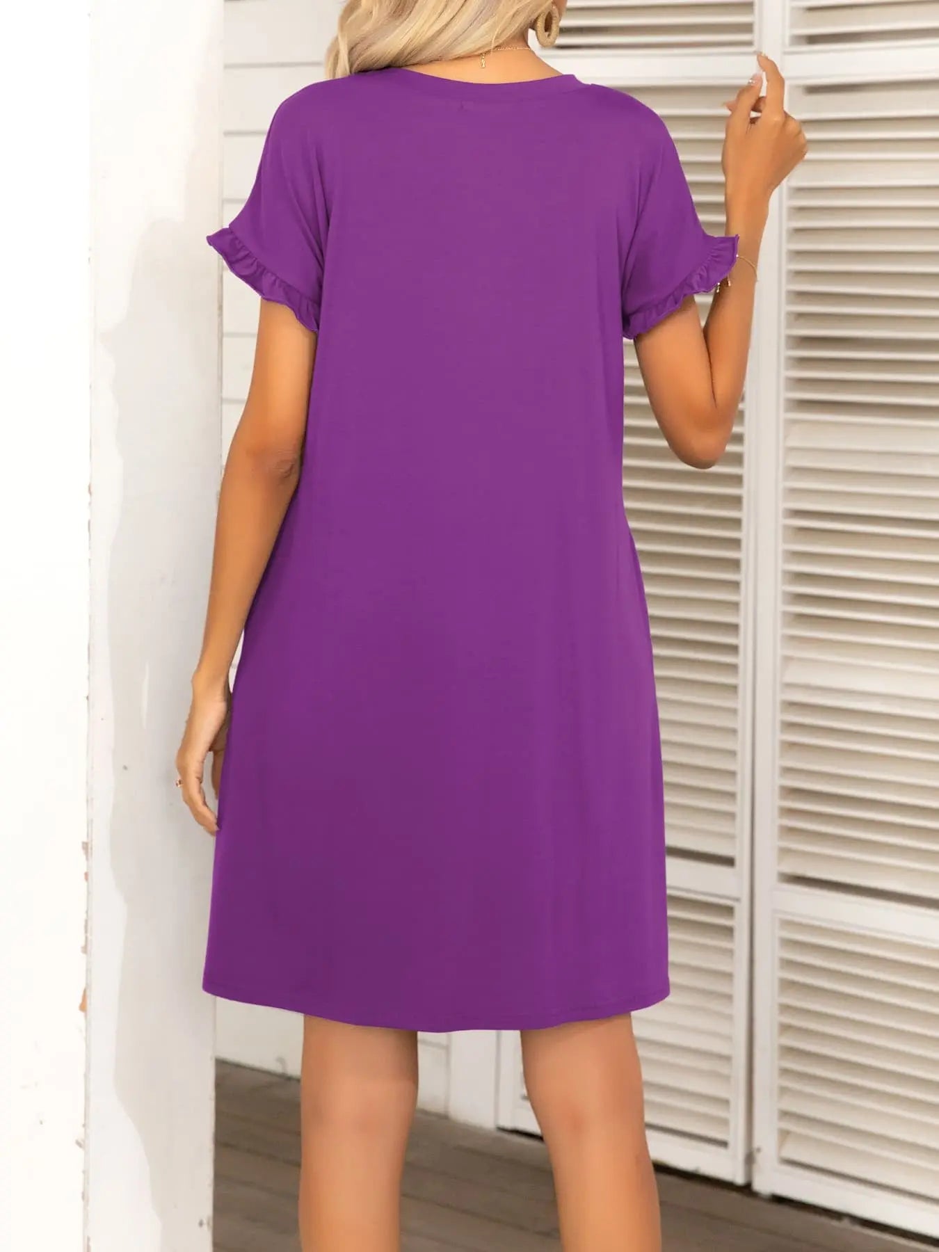 Round Neck Flounce Sleeve Dress with Pockets - Dress - Vivid Violet - Bella Bourget