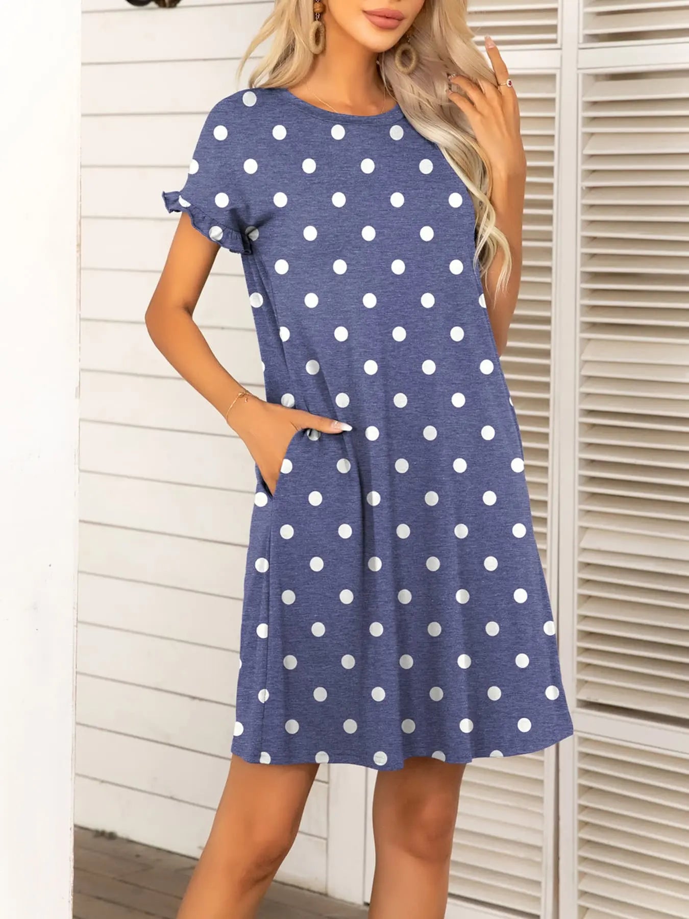 Round Neck Flounce Sleeve Dress with Pockets - Dress - Dot - Bella Bourget