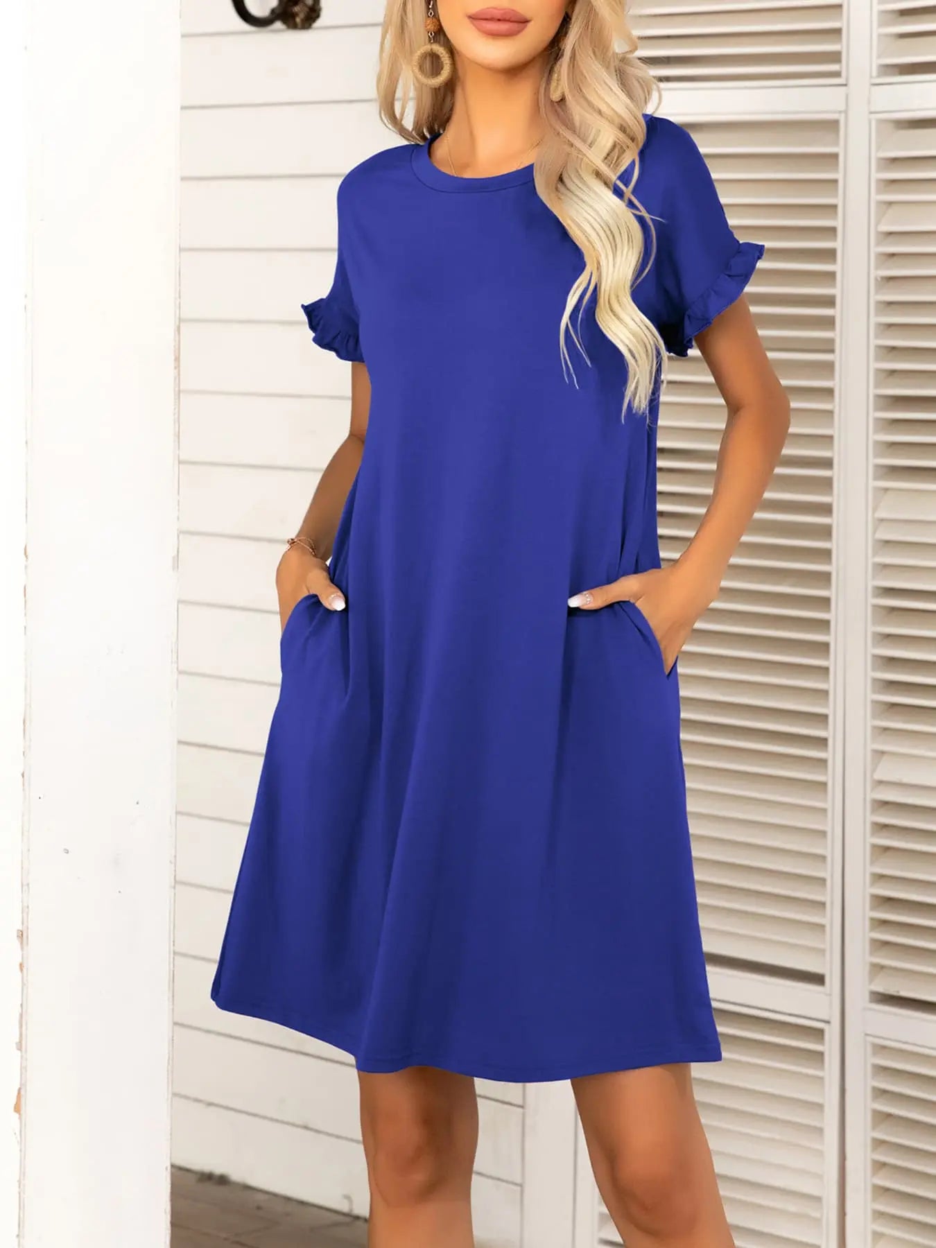 Round Neck Flounce Sleeve Dress with Pockets - Dress - Royal Blue - Bella Bourget