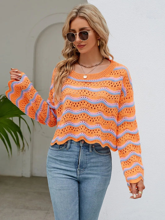 Round Neck Openwork Flare Sleeve Knit Top - Knit Top - Red Orange - Bella Bourget