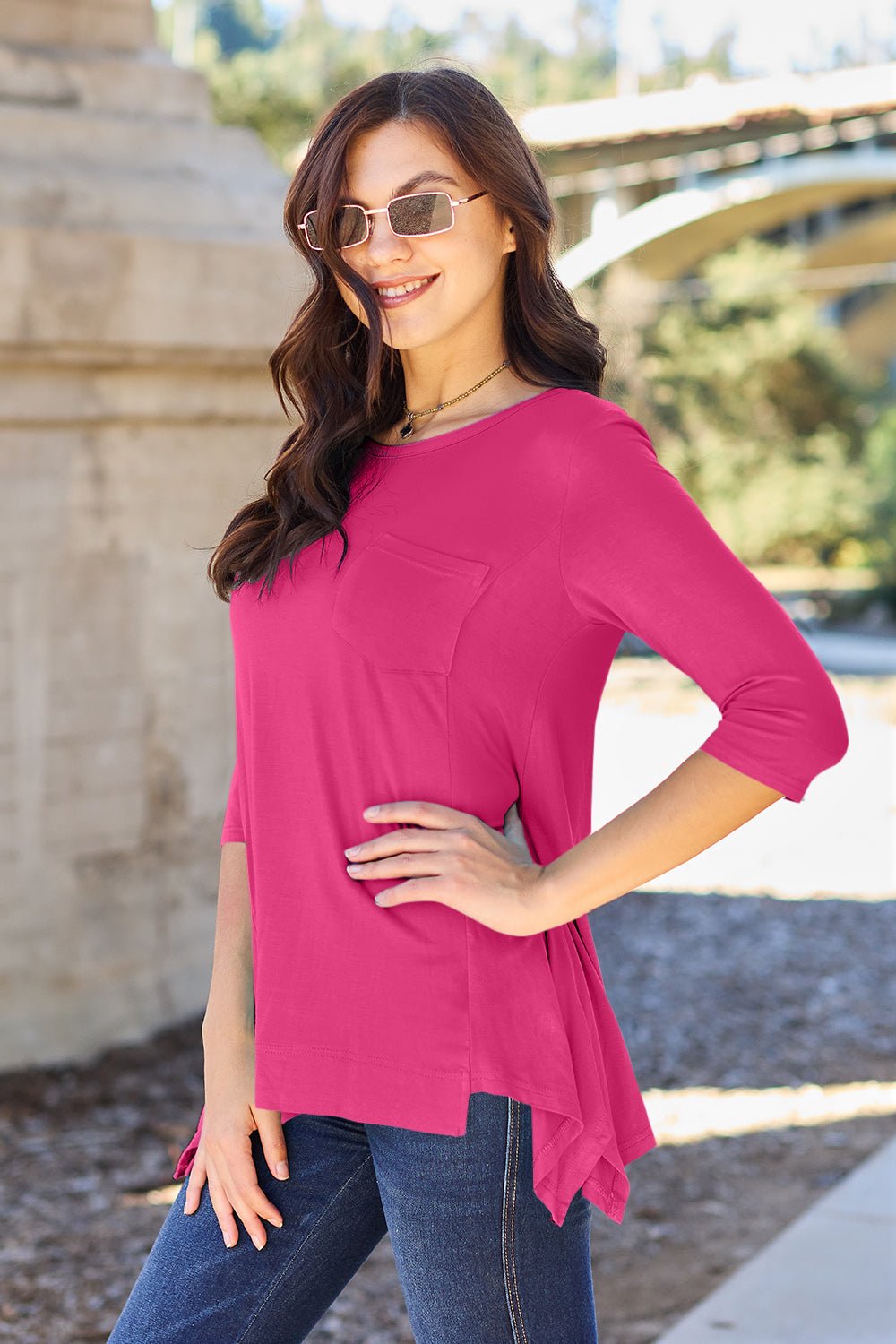 Round Neck Pocketed T - Shirt - Deep Rose - Bella Bourget