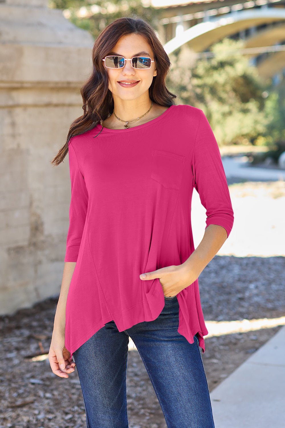 Round Neck Pocketed T - Shirt - Deep Rose - Bella Bourget